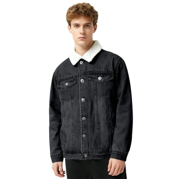CharmCyan Men Winter Sherpa Lined Denim Jacket Button Down Warm Casual Outerwear Classic Fit Trucker Coat with Pockets for Everyday Wear Black M