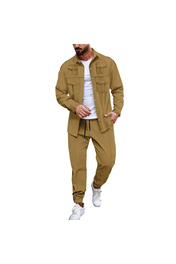 Men’s 2 Piece Casual Tracksuit Set Long Sleeve Button Down Shirt and Drawstring Pants Lightweight Loungewear Outfit Khaki L