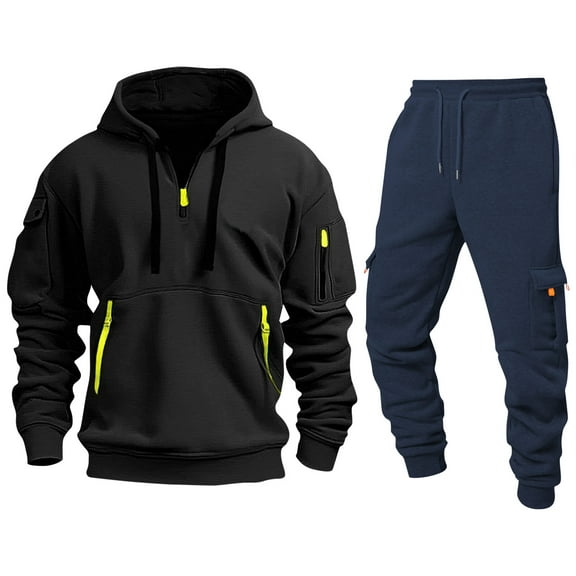 CharmCyan Men’s 2-Piece Hoodie and Jogger Sweatpants Set, Casual Athletic Tracksuit with Zip Pockets, Soft Fleece Lining, Comfortable Fit Black L