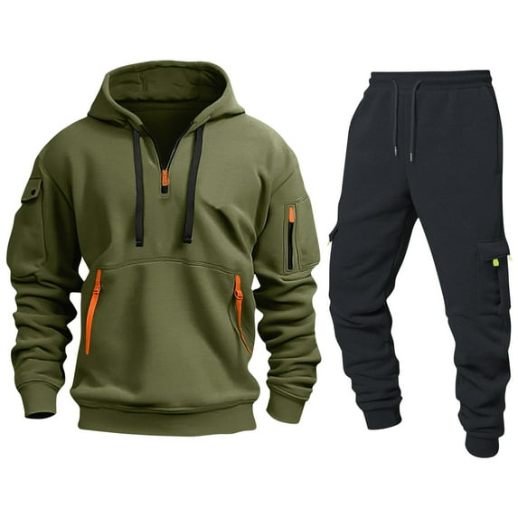 CharmCyan Men’s 2 Piece Tracksuit Set – Casual Hoodie Sweatshirt with Zipper Pockets and Drawstring Jogger Pants, Athletic Sportswear Outfit Army Green L