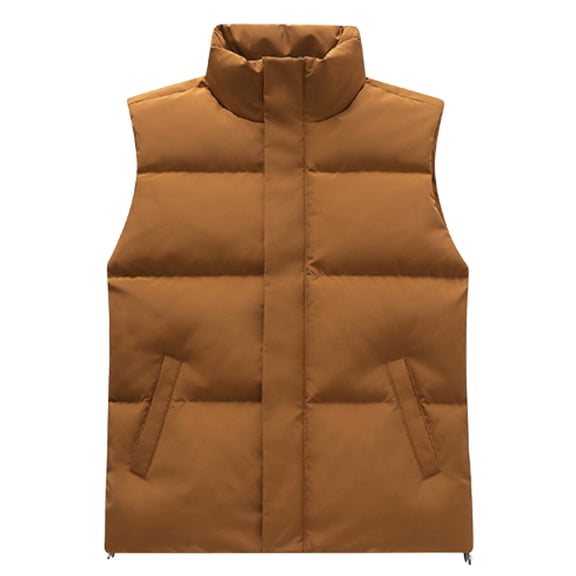 CharmCyan Men's And Women's Casual Solid Color Sleeveless Zipper Vest Men's Stand-up Collar Hooded With Cotton Warm Waistcoat Brown M