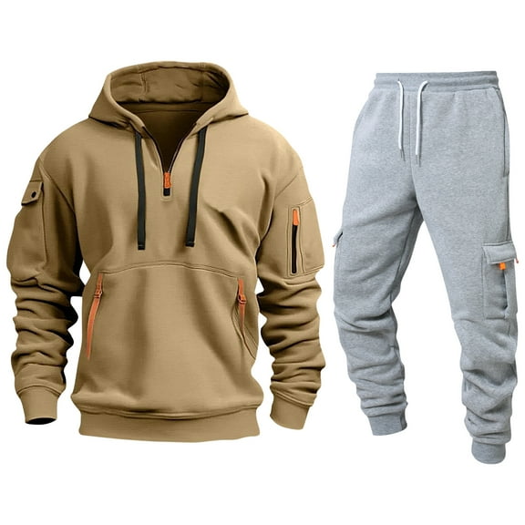 CharmCyan Men’s Casual Hoodie and Sweatpants Set, Soft Fleece Tracksuit with Zipper Pockets, Athletic Jogging Outfit, Comfortable Fit Khaki 2XL