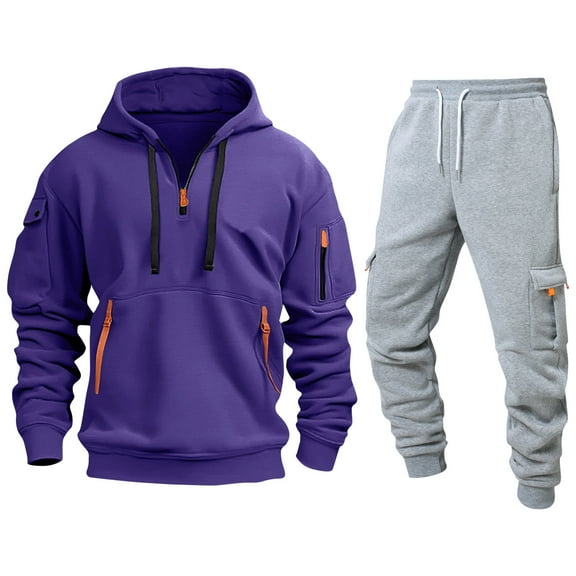 CharmCyan Men’s Casual Hoodie and Sweatpants Set, Soft Fleece Tracksuit with Zipper Pockets, Athletic Jogging Outfit, Comfortable Fit Purple 2XL