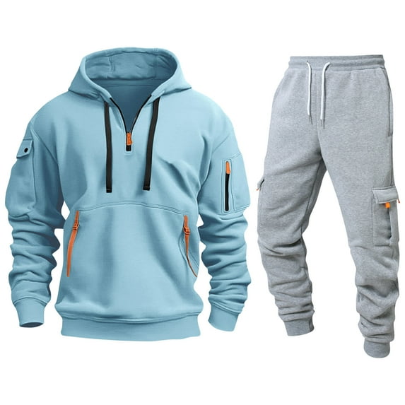 CharmCyan Men’s Casual Hoodie and Sweatpants Set, Soft Fleece Tracksuit with Zipper Pockets, Athletic Jogging Outfit, Comfortable Fit Sky Blue M