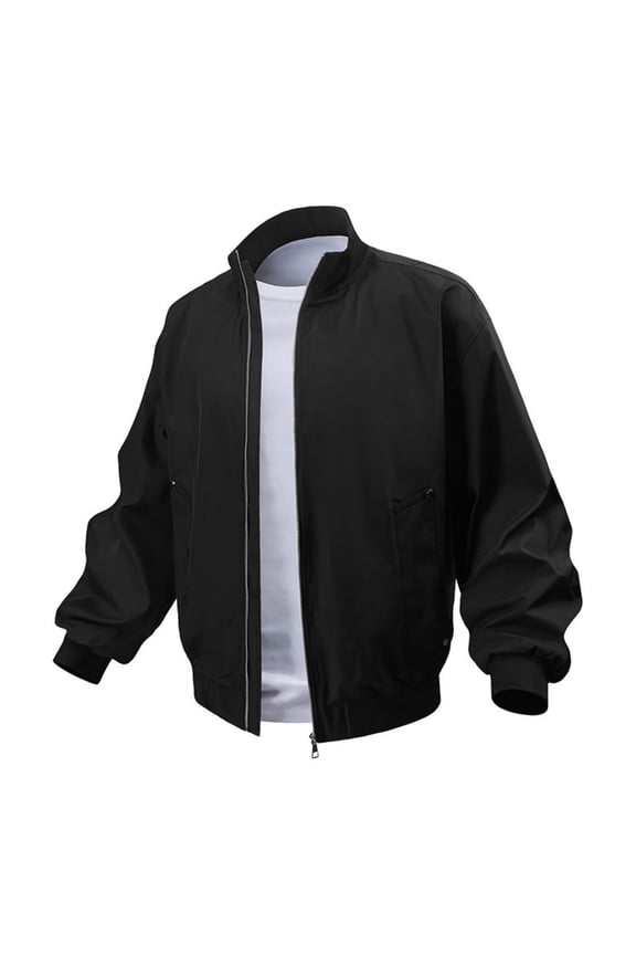 Men's Casual Solid-color American Stand-up Collar Flight Jacket, Unisex Loose Work Jacket Jacket Black 3XL