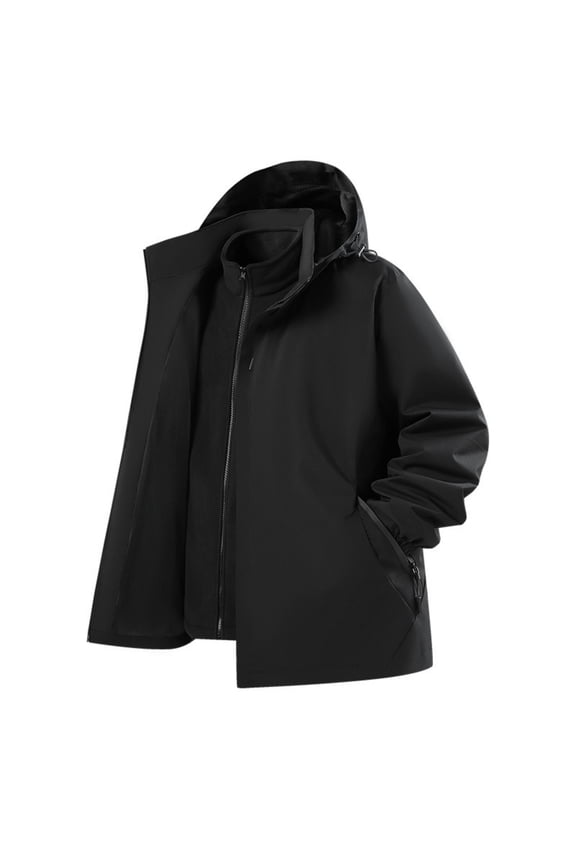 Men's Casual Solid-color Outdoor Sports Down Jacket, Men's Windproof And Breathable Three-piece Hooded Zipper Jacket Black 3XL