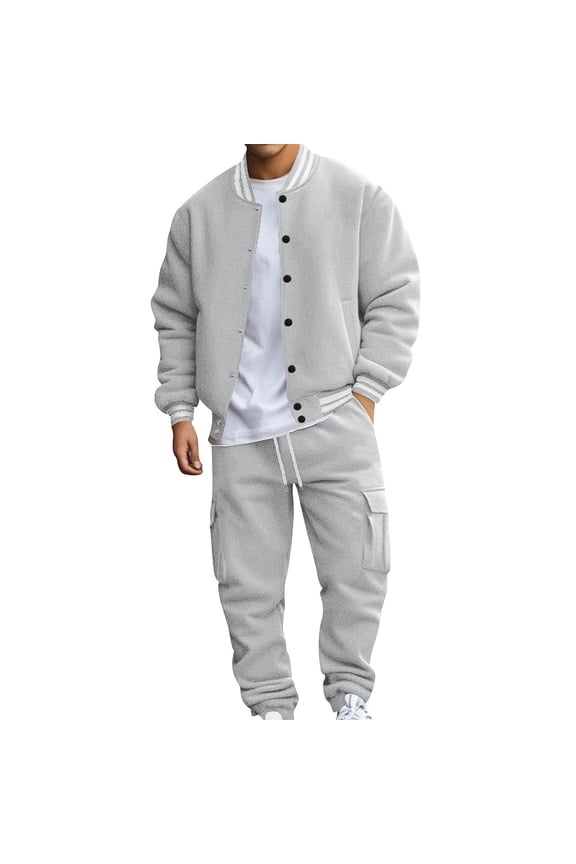Men's Casual Stand Up Collar Baseball Suit Set Light Gray M