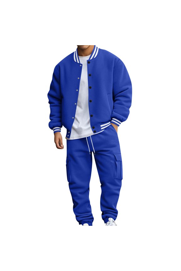 Men's Casual Stand Up Collar Baseball Suit Set Royal Blue 2XL