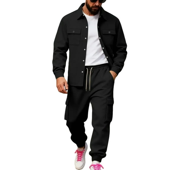 CharmCyan Men’s Casual Two Piece Set Button Down Shirt with Chest Pockets and Drawstring Cargo Jogger Pants Tracksuit Outfit Black L