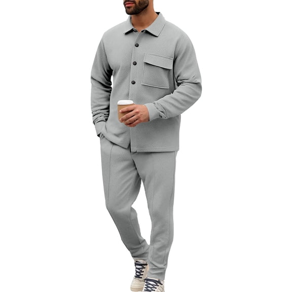 CharmCyan Men’s Casual Two Piece Textured Lounge Set, Long Sleeve Button Down Shirt and Elastic Waist Pants, Comfortable Outfit Gray XL