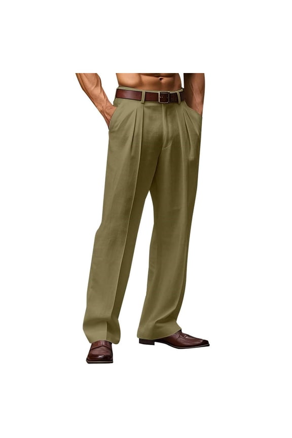 Men’s Classic Fit Pleated Front Dress Pants with Belt Loops and Straight Leg Design for Formal and Business Wear Army Green L