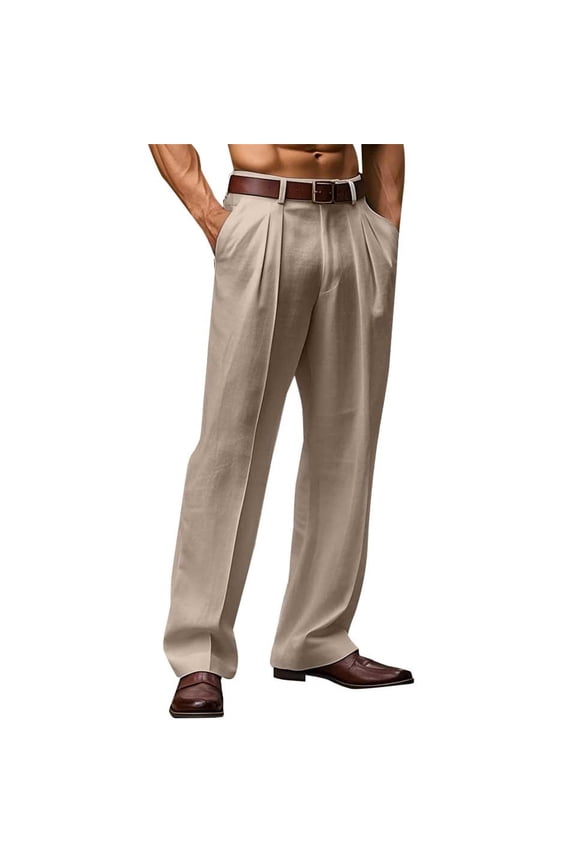 Men’s Classic Fit Pleated Front Dress Pants with Belt Loops and Straight Leg Design for Formal and Business Wear Khaki L