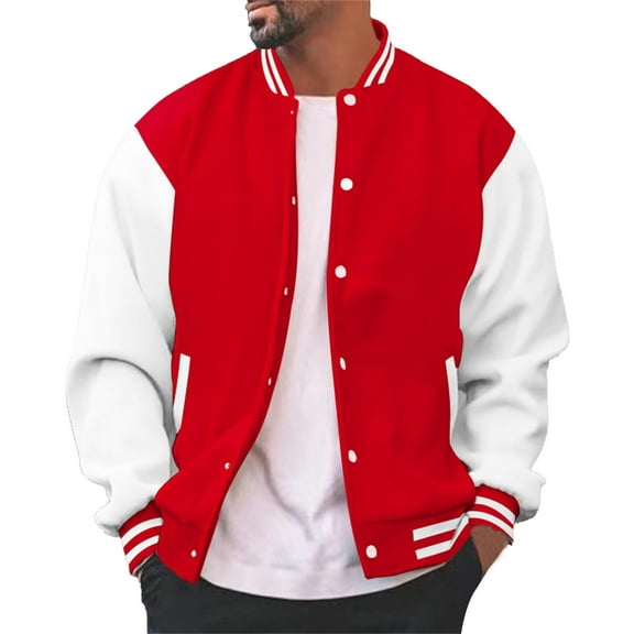 CharmCyan Men's Classic Varsity Baseball Jacket, Red and White Letterman Bomber, Casual Sportswear, Button Closure, Comfortable Fit Red L
