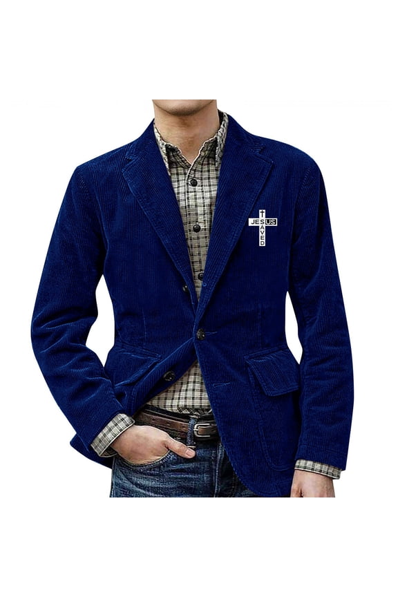 Men's Corduroy Blazer Casual Fit Two Button Closure Classic Lapel Collar Cross Print Patchwork Jacket Blue L