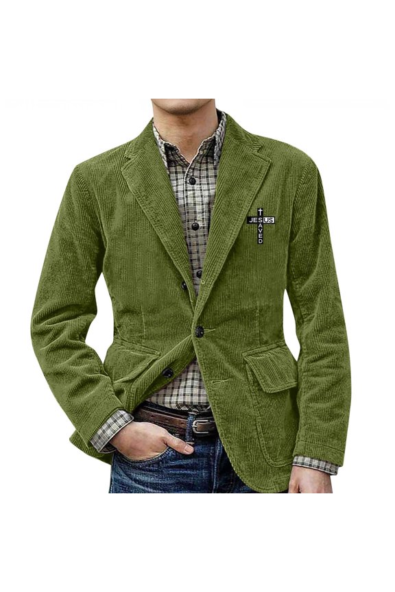 Men's Corduroy Blazer Casual Fit Two Button Closure Classic Lapel Collar Cross Print Patchwork Jacket Green 2XL