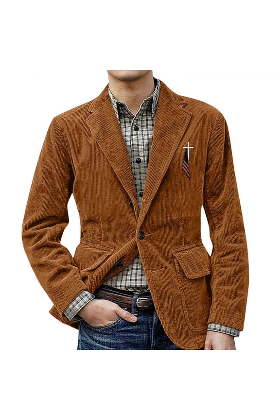 Men’s Corduroy Blazer with Notch Lapel Two Button Closure Classic Fit Patch Pockets and Decorative Chest Embroidery for Business Casual Brown M