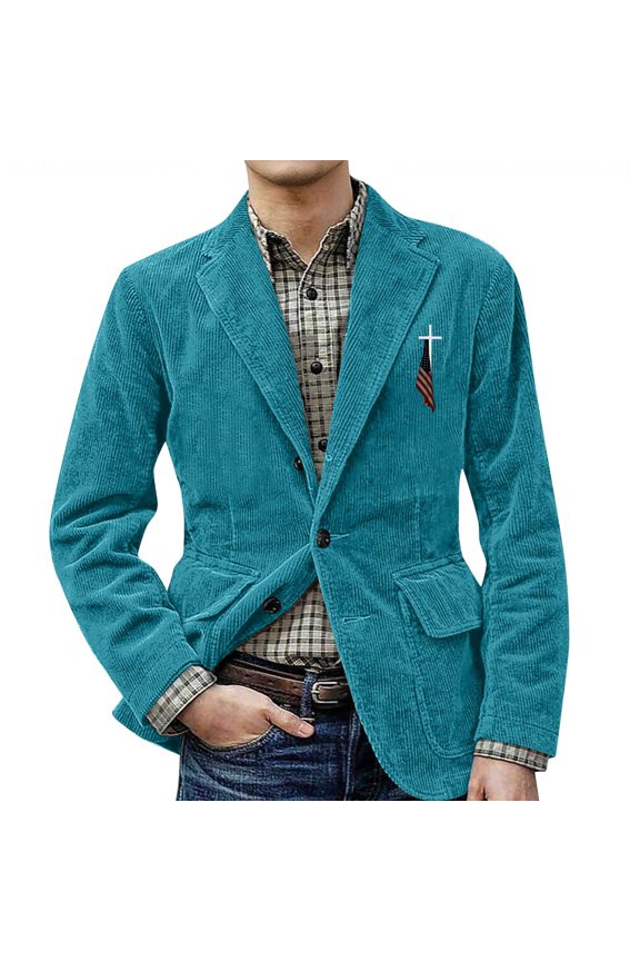 Men’s Corduroy Blazer with Notch Lapel Two Button Closure Classic Fit Patch Pockets and Decorative Chest Embroidery for Business Casual Turquoise M