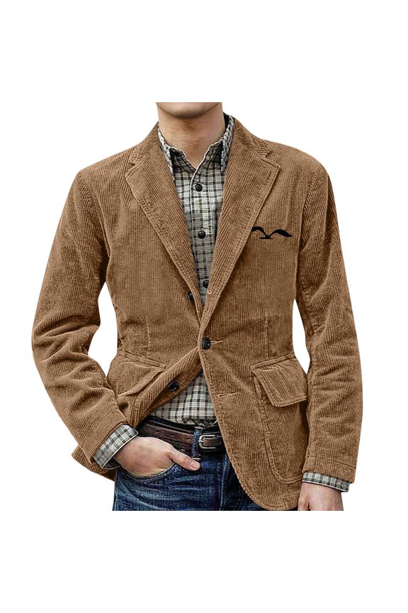 Men's Corduroy Blazer Two Button Notched Lapel Casual Suit Jacket with Patch Pockets and Printed Chest Detail Light Brown M
