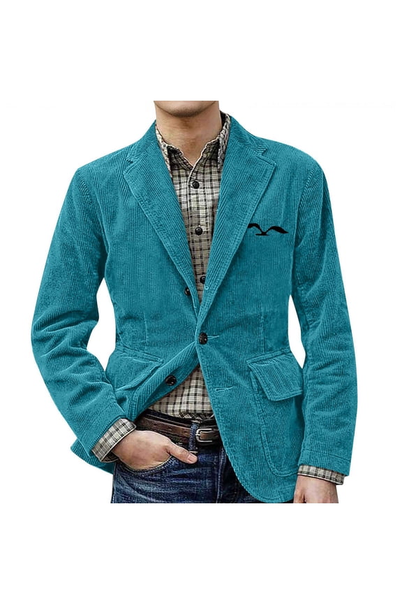 Men's Corduroy Blazer Two Button Notched Lapel Casual Suit Jacket with Patch Pockets and Printed Chest Detail Turquoise L