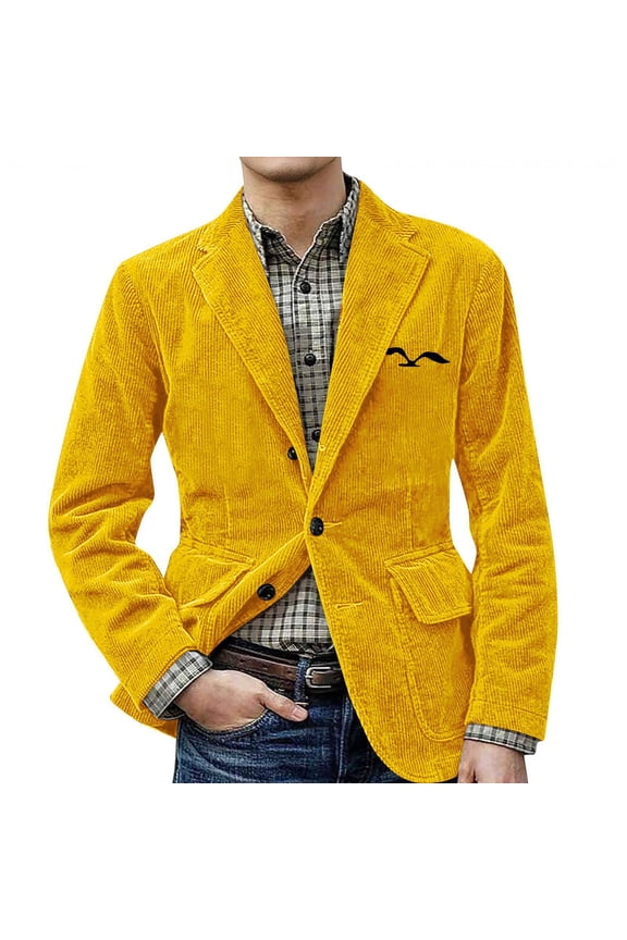 Men's Corduroy Blazer Two Button Notched Lapel Casual Suit Jacket with Patch Pockets and Printed Chest Detail Yellow XL