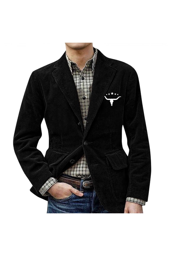 Men’s Corduroy Blazer with Longhorn and Star Print Notched Lapel Button Closure Casual Single Breasted Jacket Black L