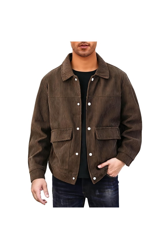 Men's Corduroy Jacket Casual Button Down Collared Outerwear Long Sleeve Relaxed Fit Utility Pockets Classic Design Brown 2XL