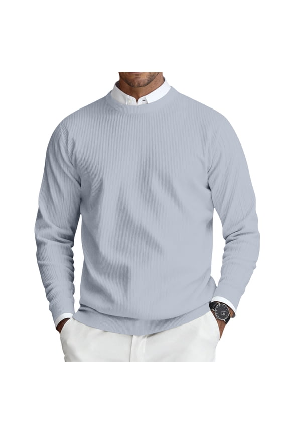 Men’s Crewneck Pullover Sweater Long Sleeve Ribbed Knit Lightweight Classic Fit Soft Material Simple Design Light Gray XL