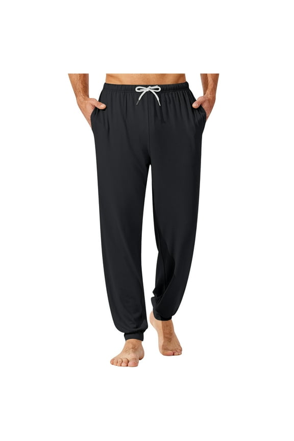 Men's Drawstring Pocket Cuffed Casual Pants Home Sleep Pants Black M