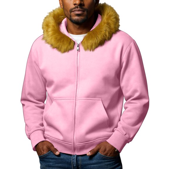CharmCyan Men’s Full Zip Hoodie with Faux Fur Trim Hood Casual Warm Long Sleeve Sweatshirt Comfortable Outerwear Jacket Pink XL