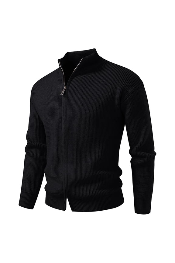 Men’s Full Zip Knitted Cardigan Sweater High Neck Ribbed Design Warm Casual Outerwear Comfortable Fit Durable Material Black 3XL