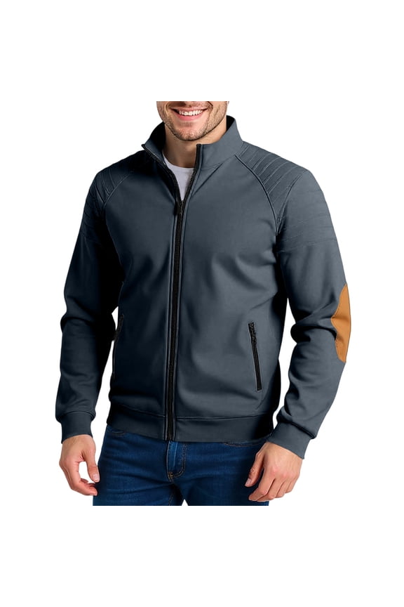 Men's Full Zip Stand Collar Lightweight Jacket with Elbow Patch Casual Outerwear for Everyday Comfort and Style Gray XL