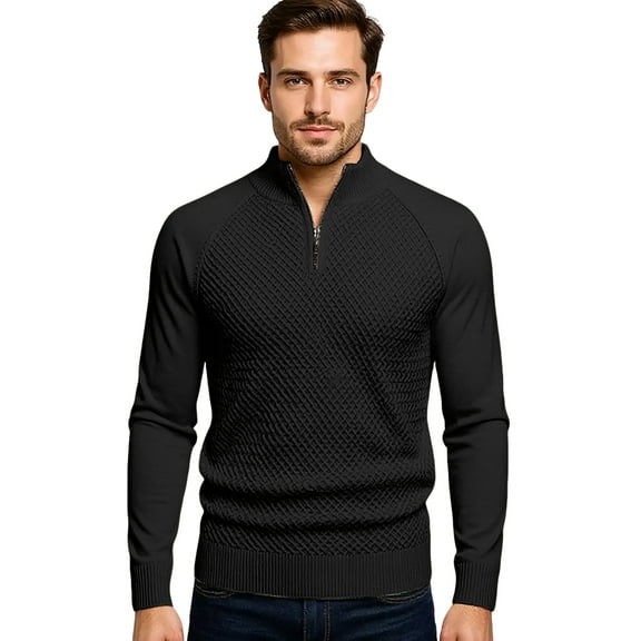 CharmCyan Men’s Half Zip Pullover Sweater Textured Knit Long Sleeve Casual Stand Collar Classic Fit Comfortable Wear Black 2XL