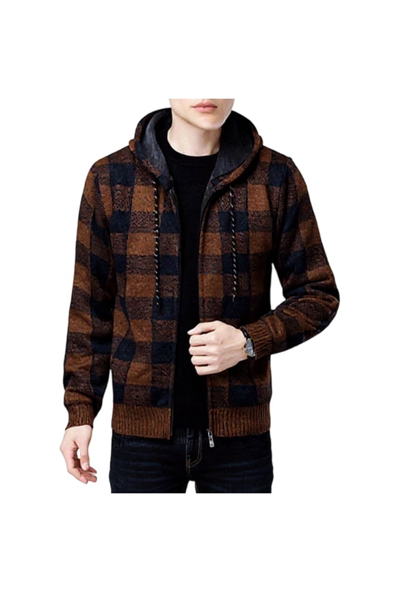 Men’s Hooded Plaid Knit Zip Up Sweater Jacket with Drawstring Closure and Ribbed Cuffs for Casual Everyday Wear Yellow 3XL