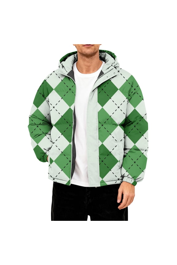 Men’s Hooded Puffer Jacket with Argyle Print Full Zip Closure Warm Insulated Outerwear for Cold Weather Casual Style Green 5XL
