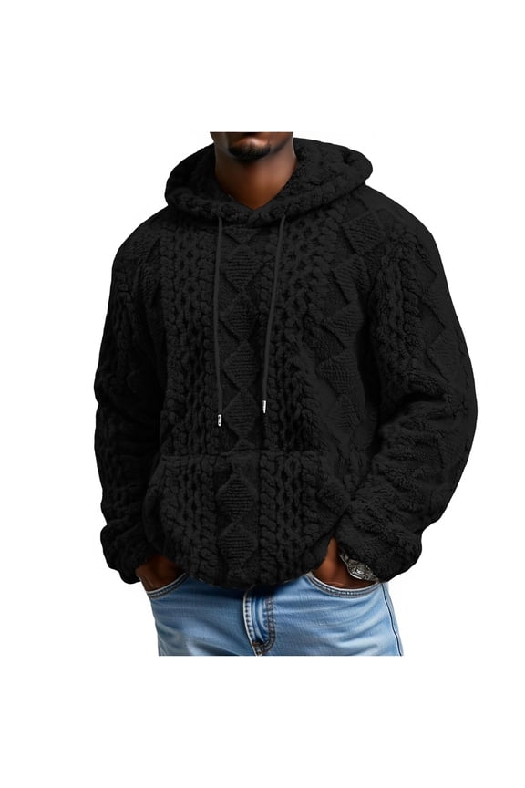 Men’s Hooded Pullover Sweater with Textured Cable Knit Pattern Drawstring Hood Kangaroo Pocket Long Sleeves Casual Fit Black 2XL