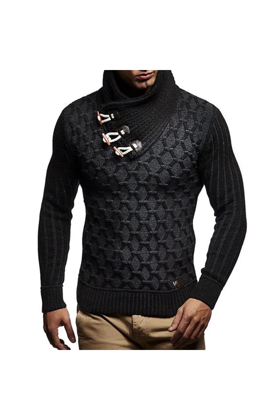Men’s Knitted Pullover Sweater with Geometric Pattern High Collar Toggle Closure Long Sleeve Casual Fit Top Black M