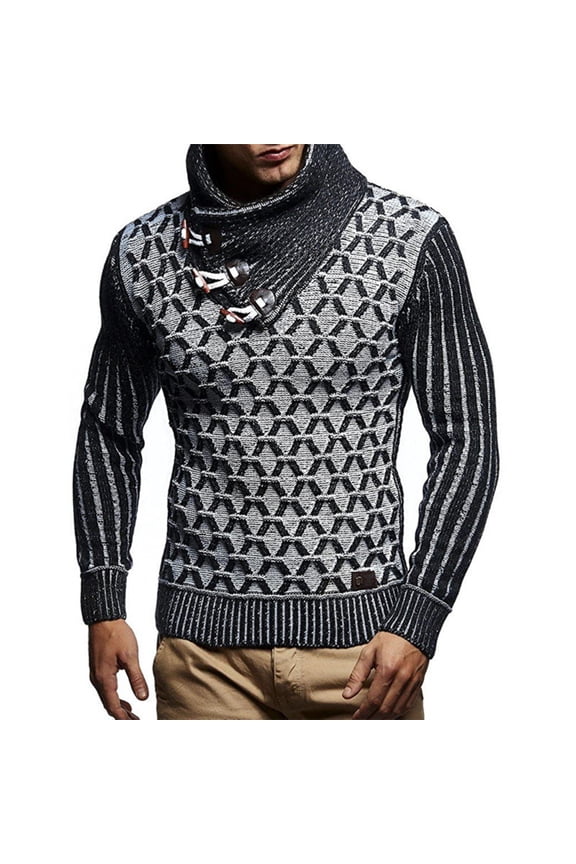 Men’s Knitted Pullover Sweater with Geometric Pattern High Collar Toggle Closure Long Sleeve Casual Fit Top Gray XL