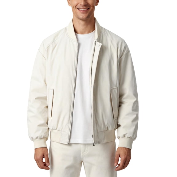 CharmCyan Men's Lightweight Bomber Jacket Casual Zip Front Windbreaker with Ribbed Collar Cuffs and Hem for Everyday Wear White 2XL