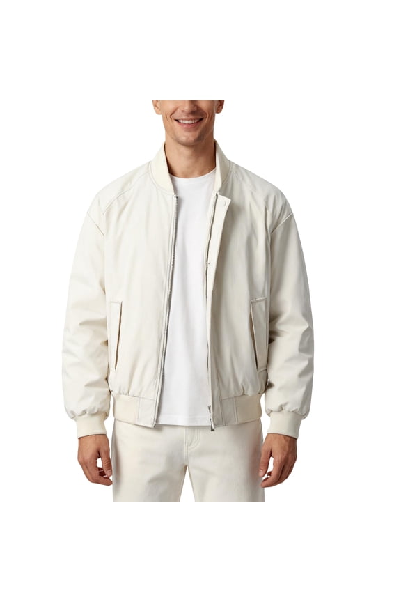 Men's Lightweight Bomber Jacket Casual Zip Front Windbreaker with Ribbed Collar Cuffs and Hem for Everyday Wear White 3XL
