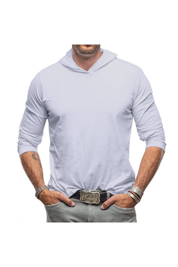 Men's Lightweight Long Sleeve Hooded T-Shirt, Casual Slim Fit Pullover Hoodie Top, Soft Breathable Cotton Blend White 2XL