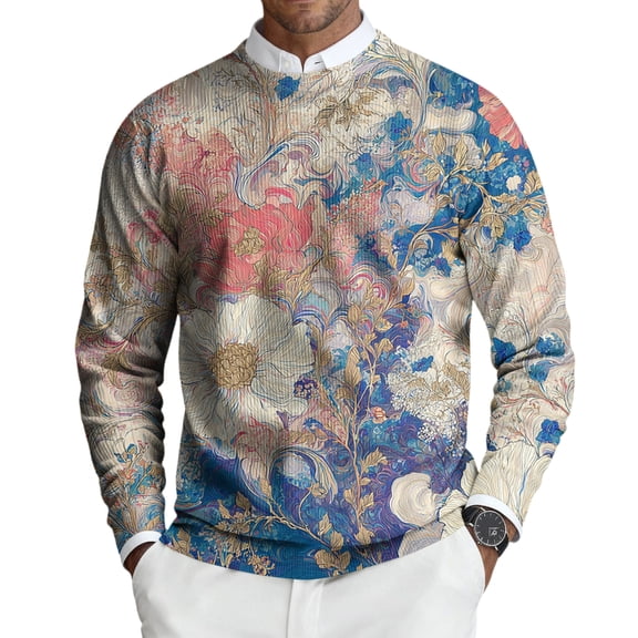 CharmCyan Men’s Long Sleeve Crew Neck Sweater with Abstract Floral Print Lightweight Knit Pullover Casual Fit Top for Everyday Wear Royal Blue 2XL