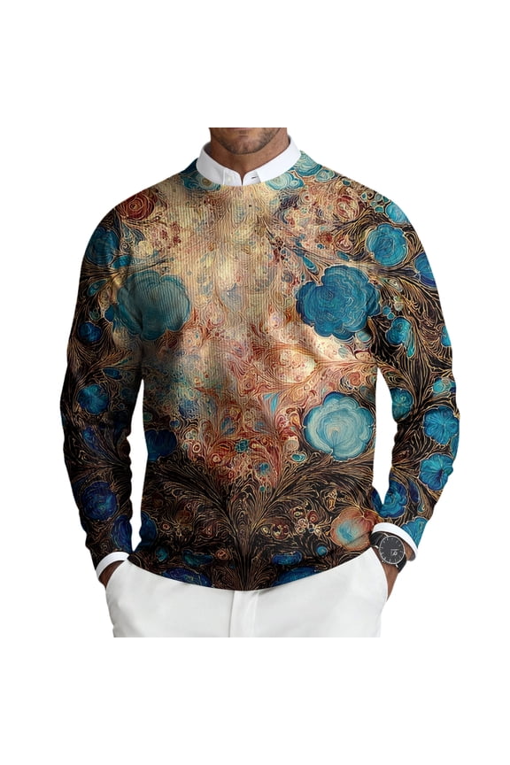 Men’s Long Sleeve Crewneck Sweatshirt Abstract Textured Print Lightweight Pullover Top Casual Regular Fit Comfortable Wear for Daily Use Camel XL