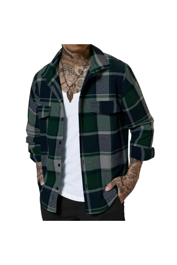 Men's Long Sleeve Plaid Flannel Shirt, Casual Button Down Checkered Shirt, Soft Cotton Blend, Stylish Fall Top for Work & Daily Wear Green L