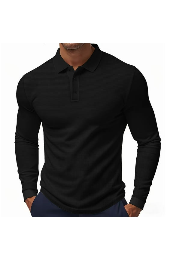 Men’s Long Sleeve Polo Shirt, Classic Solid Color Lightweight Breathable Casual Slim Fit Golf Top for Business or Daily Wear Black XL