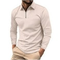 thumbnail image 1 of CharmCyan Men’s Long Sleeve Polo Shirt with Zipper Collar, Casual Slim Fit Striped Pullover Top, Soft Breathable Lightweight Fashion Shirt Khaki 2XL, 1 of 2