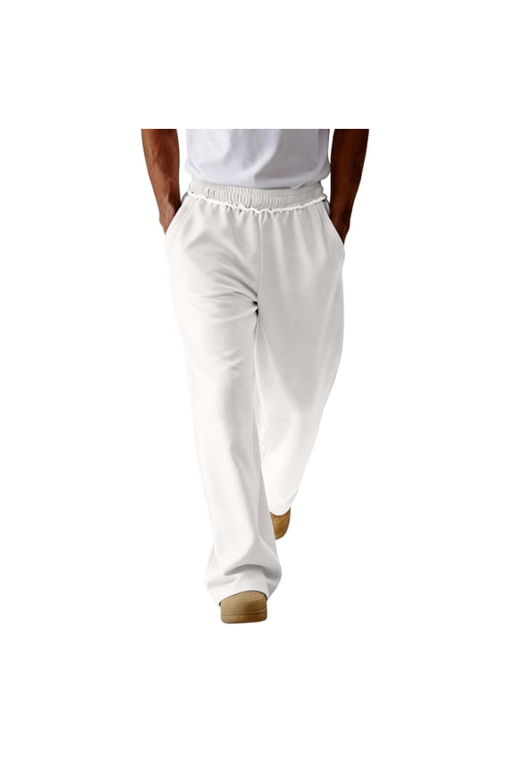 Men's Loose Casual Drawstring Elastic Waist Wide Leg Sweatpants | Comfortable Sports Long Pants For Daily & Loungewear White L
