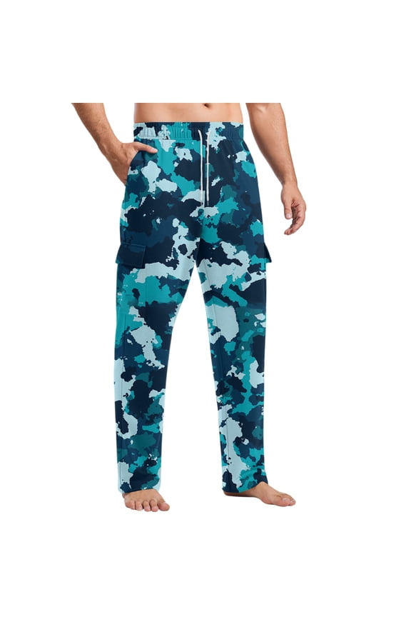 Men's Loose Casual Multi-pocket Work Pants, Youth Stretch Waist Drawstring Pants Turquoise L