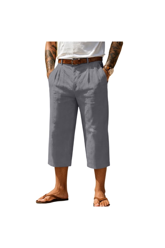 Men’s Loose Fit 3/4 Length Trousers Casual Elastic Waist Pleated Cropped Pants with Pockets for Everyday Wear Gray 3XL