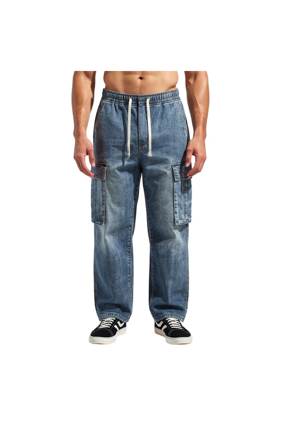 Men’s Loose Fit Denim Cargo Pants, Drawstring Waist, Multi-Pocket, Casual Streetwear Jeans for Everyday Comfort Blue L