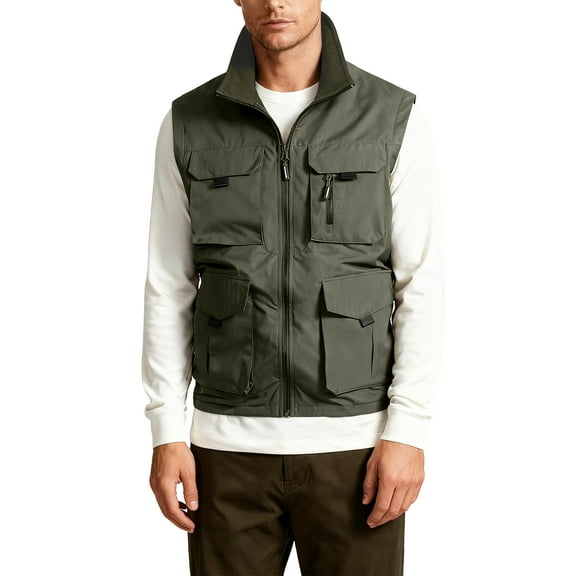 CharmCyan Men's Outdoor Cargo Vest Fishing Work Travel Photo Vests Zip Up Stand Collar Sleeveless Jacket With Pockets Army Green L
